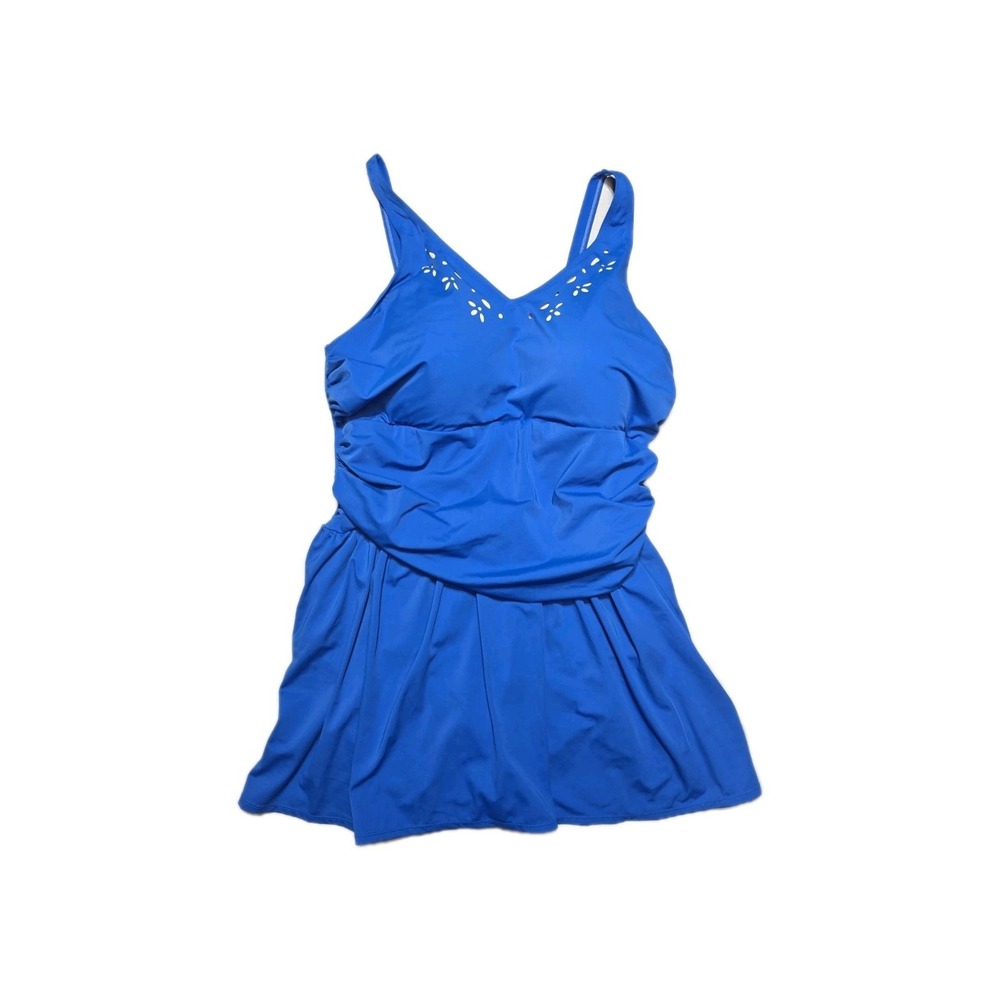 Denim & Co Beach Saffire Blue Laser Cut V-neck Ruched Swim Dress Swimsuit 26W